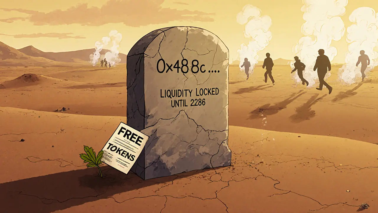 A lonely digital monument in a desert with a &#039;FREE TOKENS&#039; flyer blowing at its base.