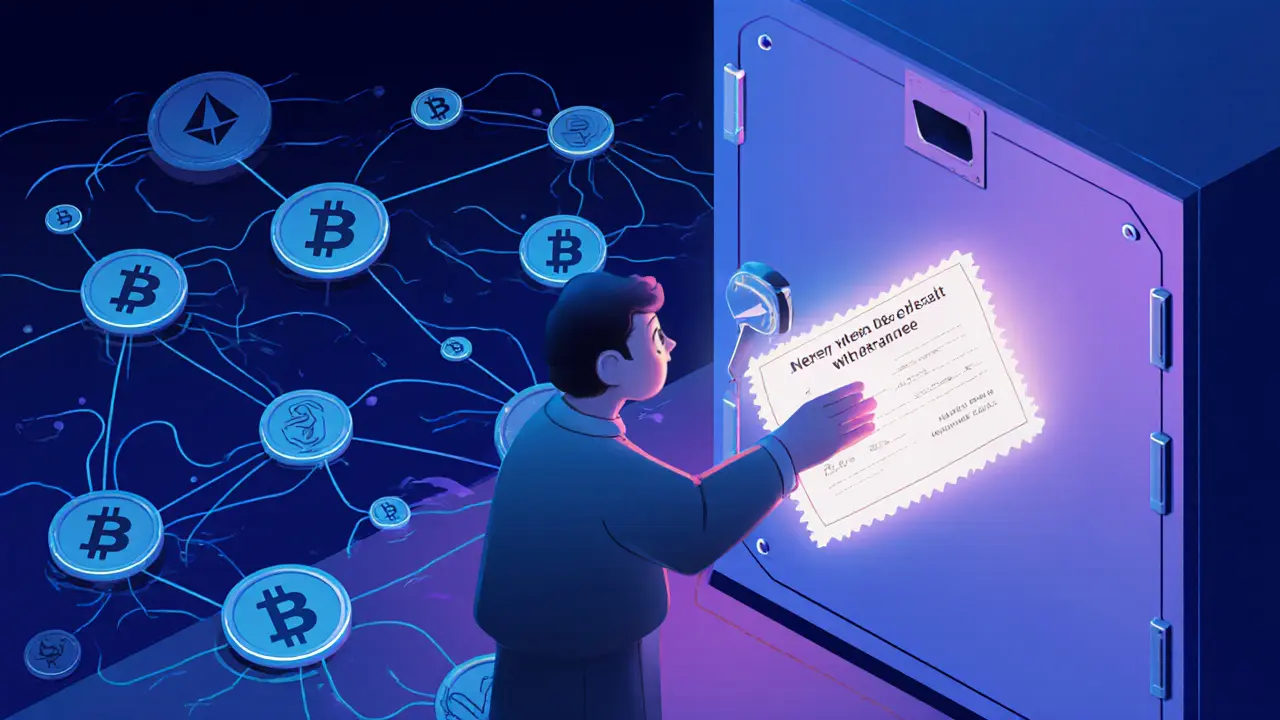 A person securing a cryptographic withdrawal note in a vault, surrounded by anonymized crypto transactions.