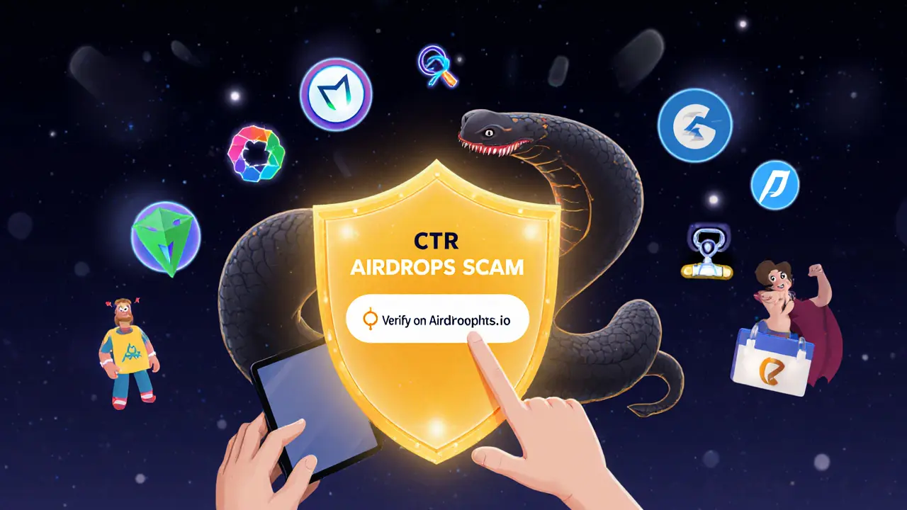 A shield of blockchain icons protects a wallet from a phishing snake, while trusted platforms glow nearby.