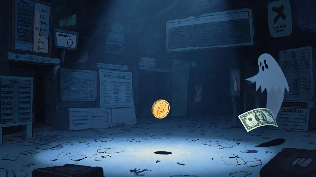 A tiny POSI token floats in an empty, abandoned decentralized exchange with no buyers or sellers.