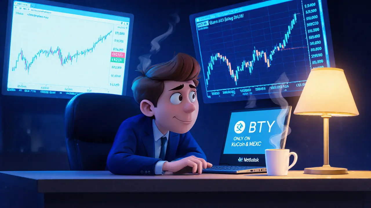 A trader in a dim room surrounded by screens showing BTY price spikes and exchange names.