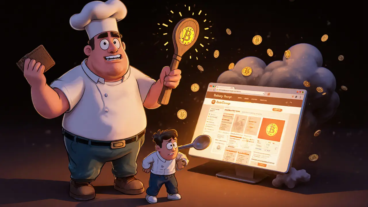 A user being stopped by a chef mascot from clicking a scam website, while a safe BakerySwap site glows nearby.