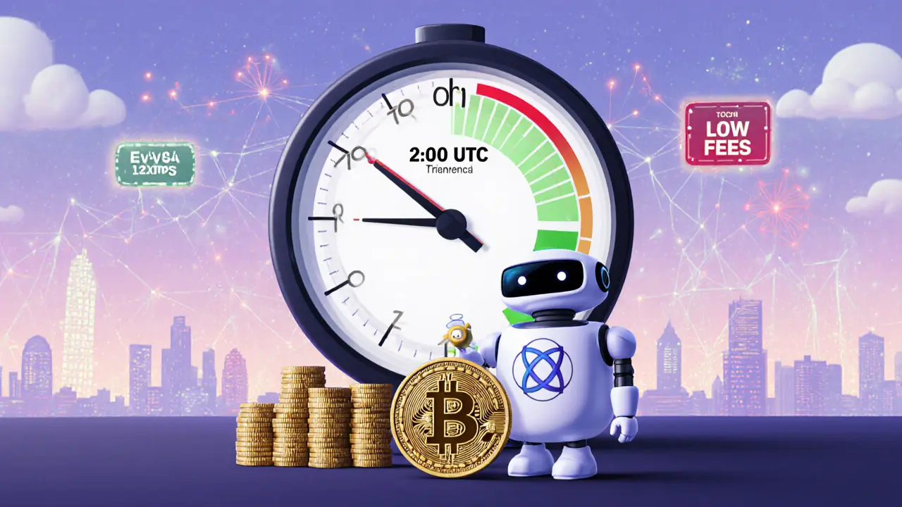 A user consolidating Bitcoin UTXOs at low fee time, guided by a robot, with peaceful low-fee networks glowing behind them.
