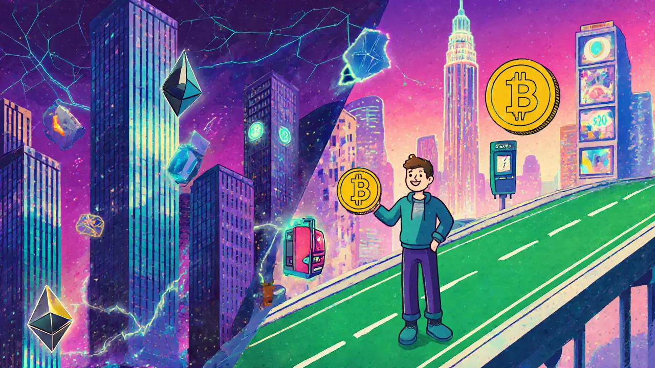 A vibrant digital city contrasting high Ethereum gas fees with a serene Tron highway and free IoT microtransactions.