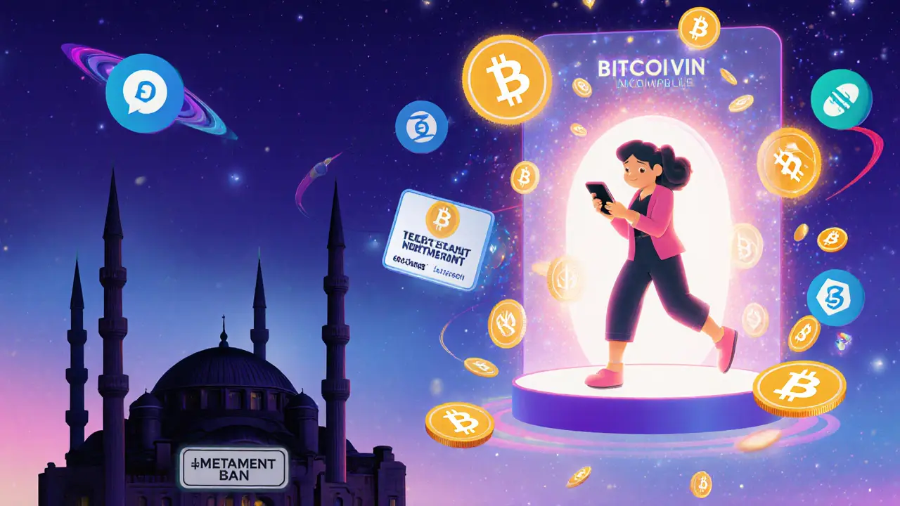 A woman steps through a digital portal to access global crypto markets using a VPN.