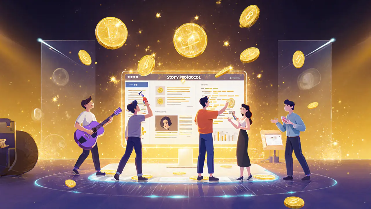 Creators actively contributing to Story Protocol, earning glowing token rewards in a vibrant digital workspace.