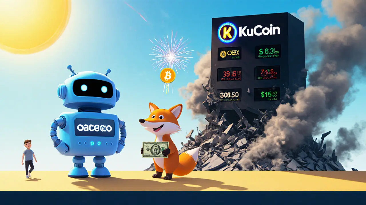 Friendly crypto platforms Gate.io and KuCoin stand safely under sunlight, while OOOBTC crumbles into smoke behind them.