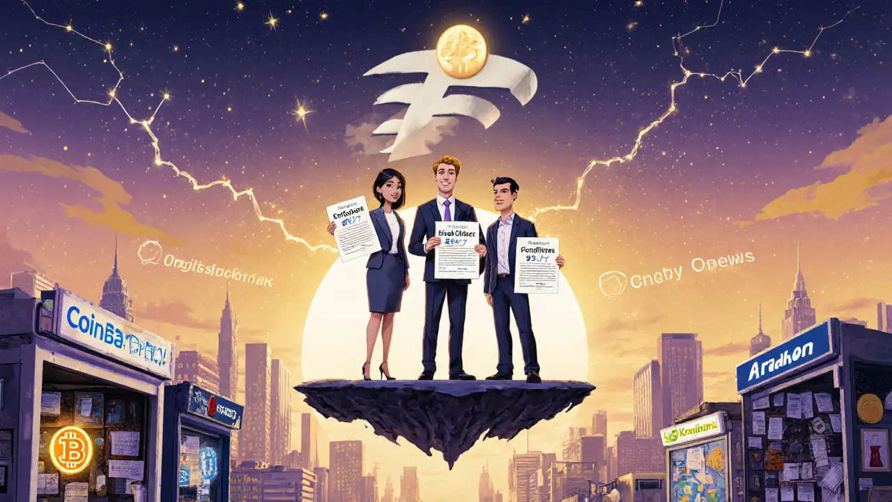 Institutional clients holding crypto options contracts above a city skyline, with FalconX shining above competing platforms in Pixar style.