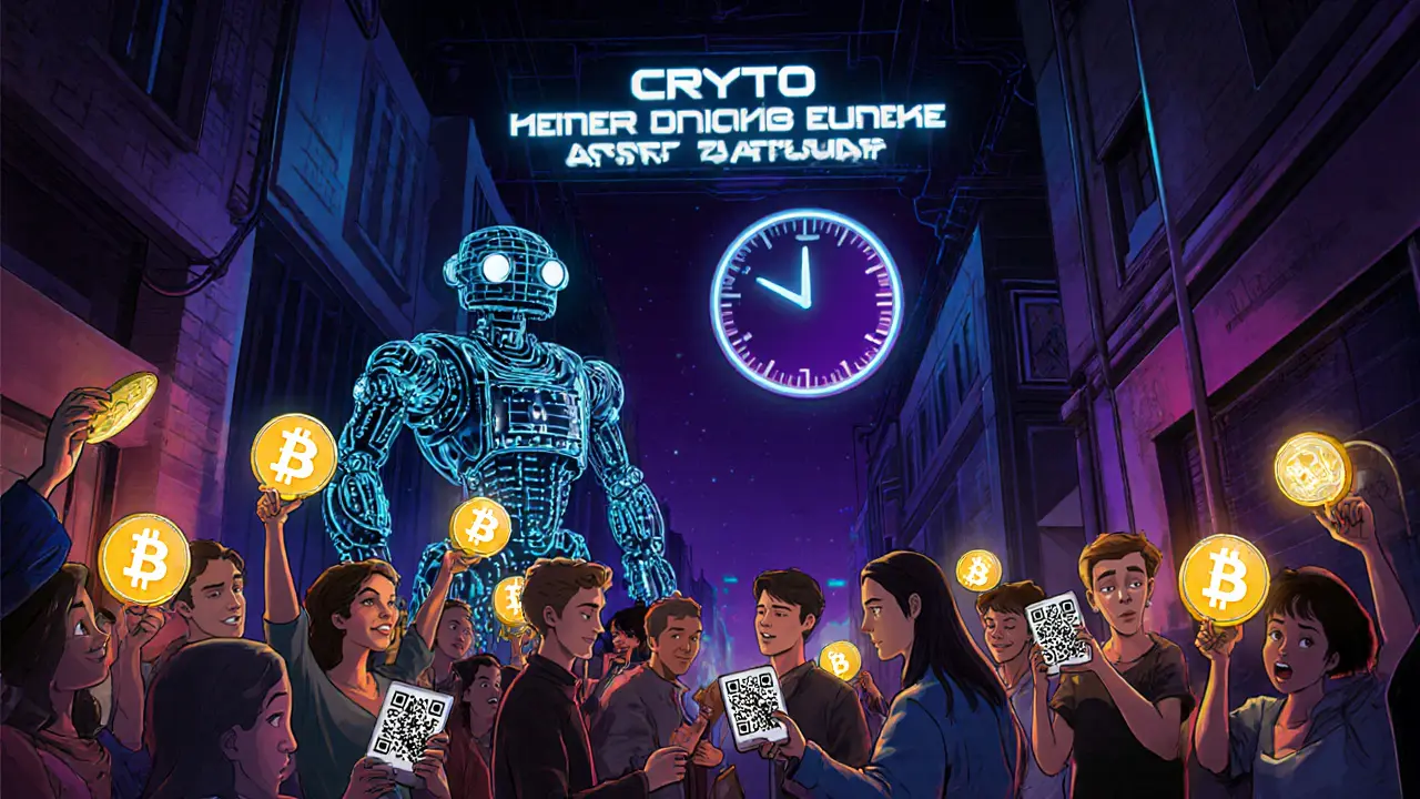 People exchange cash for crypto in a neon alley guarded by a blockchain robot.