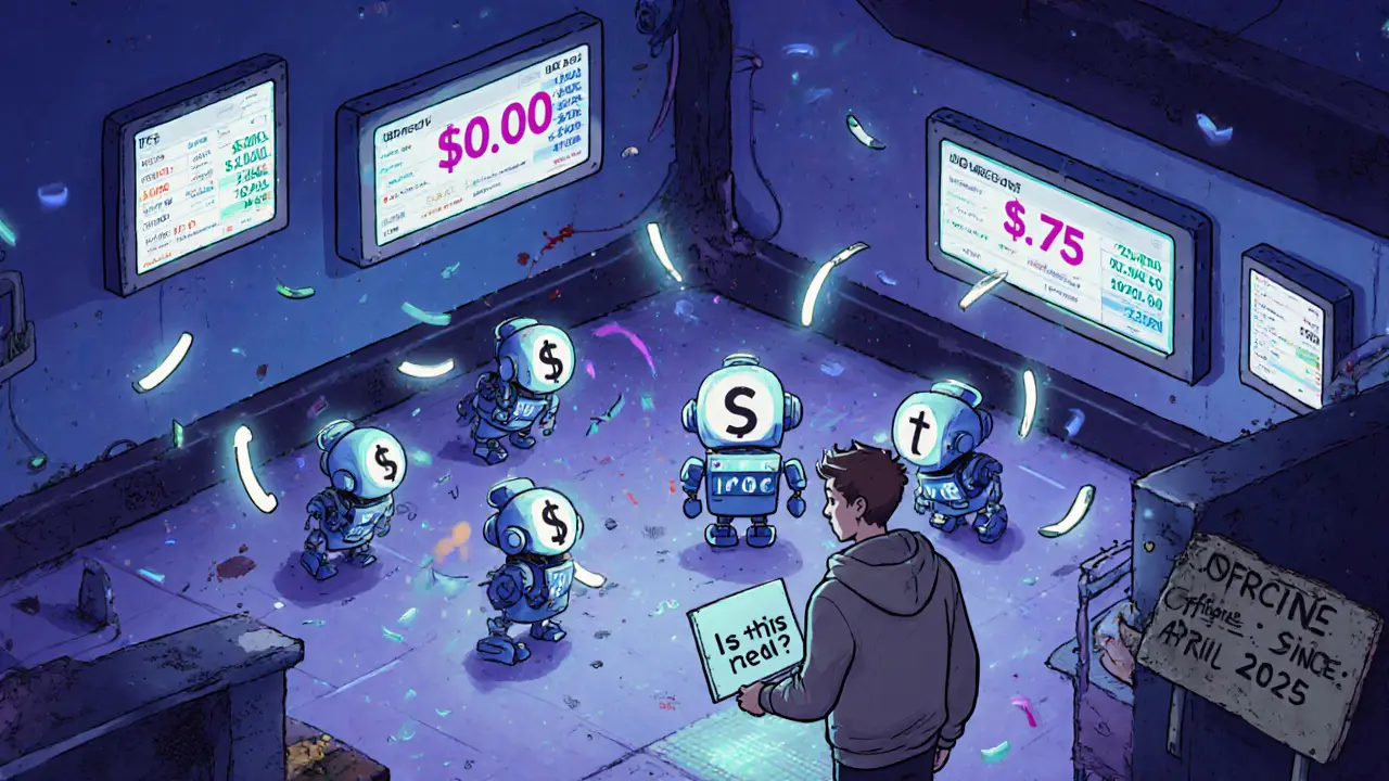 Robotic bots trade BBRETT tokens in a chaotic, surreal crypto trading floor with wildly changing prices.