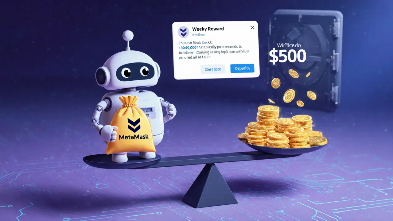 A friendly robot wallet holds TAUR tokens balanced at exactly 0, with rewards raining down in a digital space.