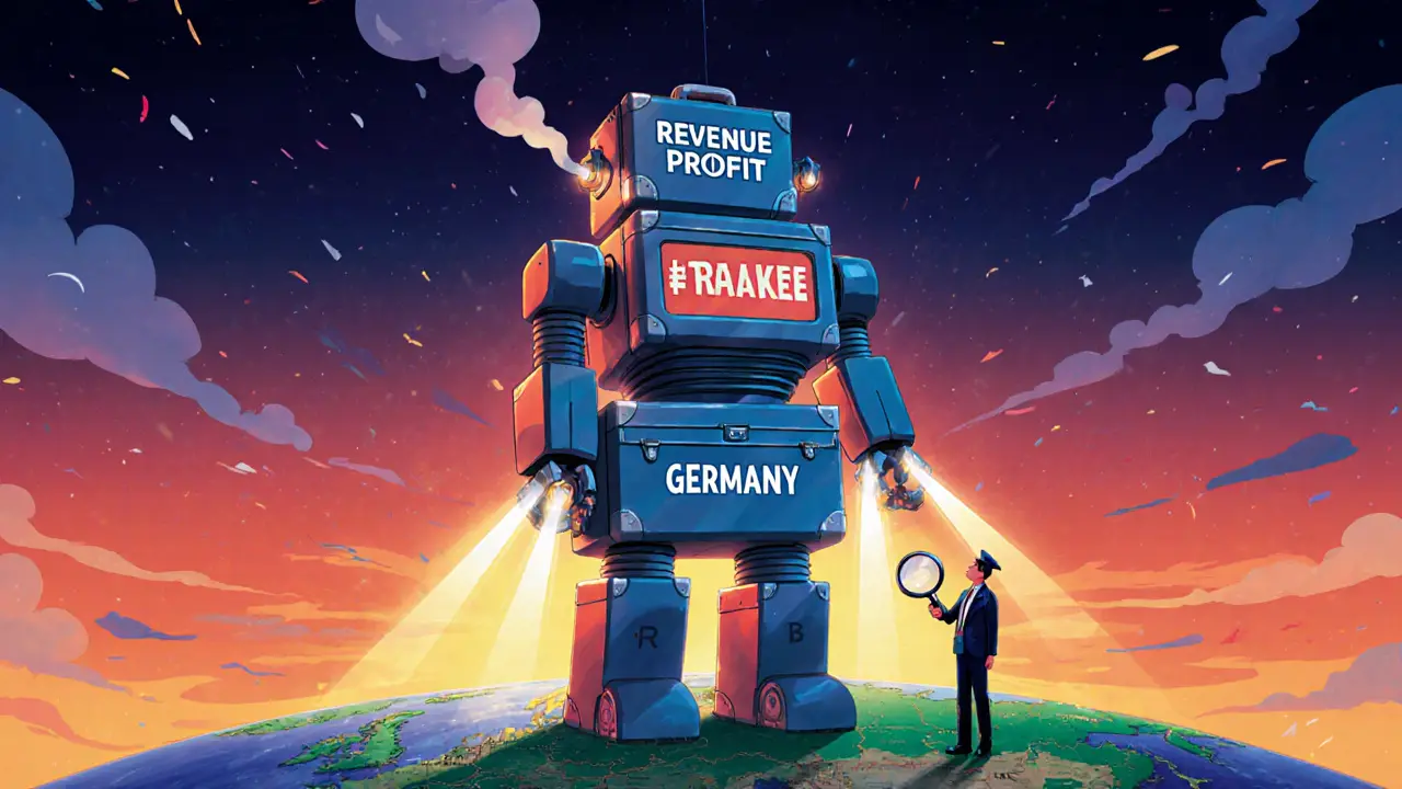 A giant corporate robot beams tax data to countries while a tiny inspector watches.