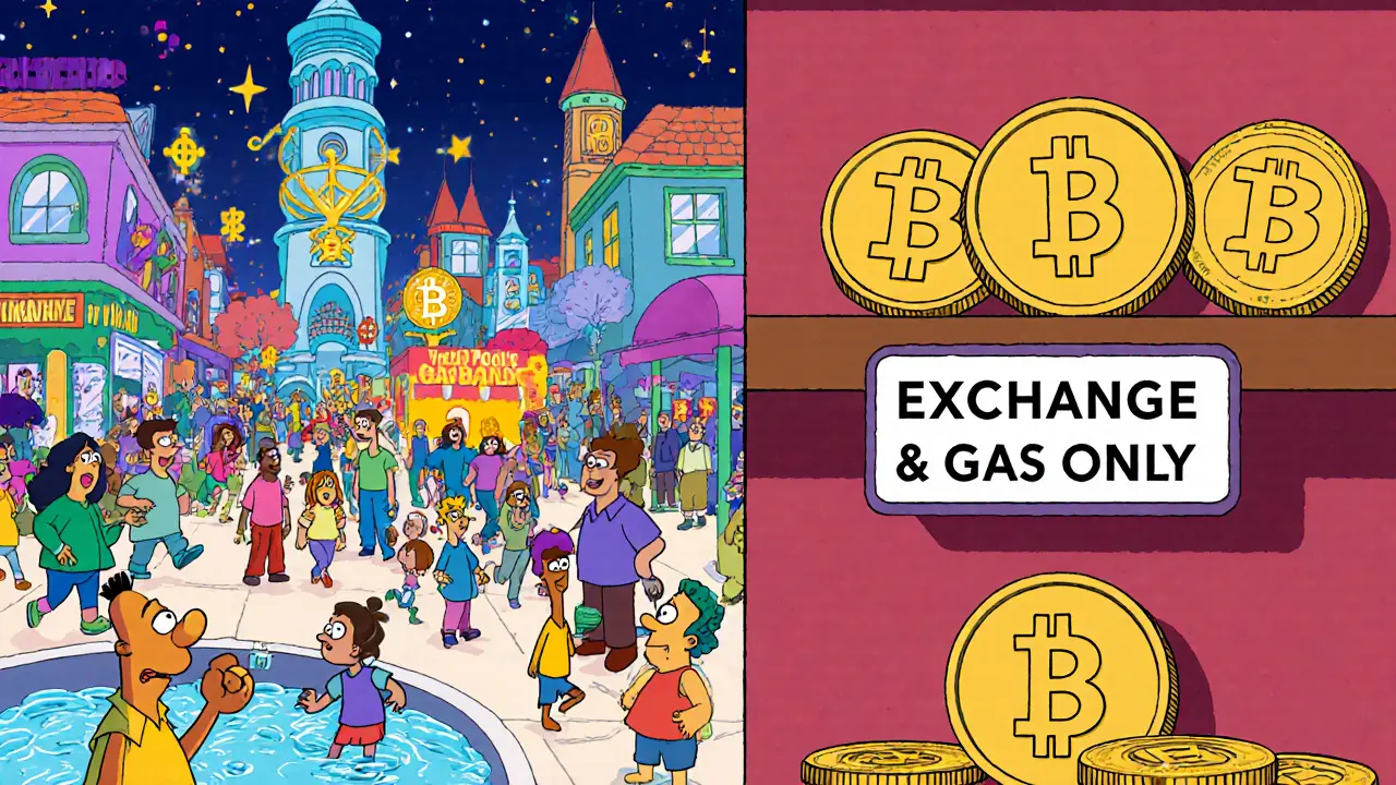 A lively DeFi marketplace where characters trade WBNB tokens, while native BNB rests on a shelf.