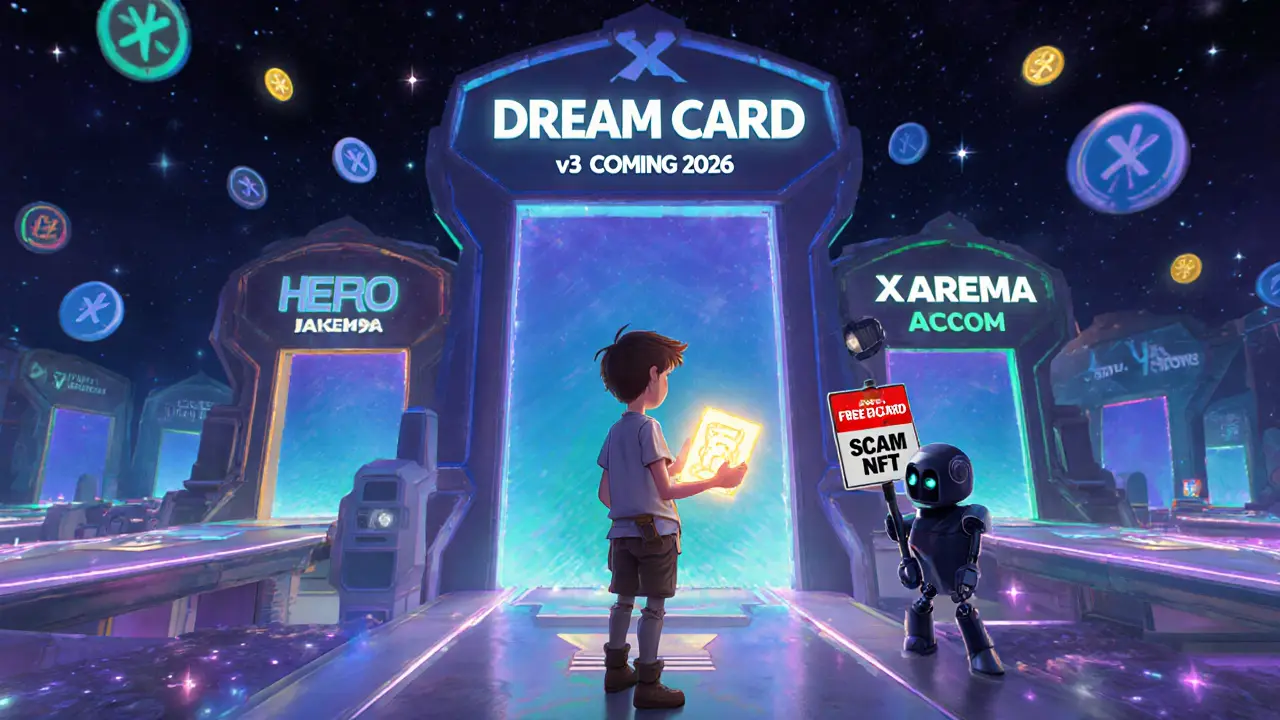 An adventurer at a portal to Dream Card v3, with a scammer being chased by a robot guard.