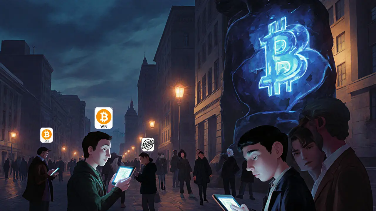 Citizens use digital rubles in a city, while others trade cash for crypto in a shadowy alley.
