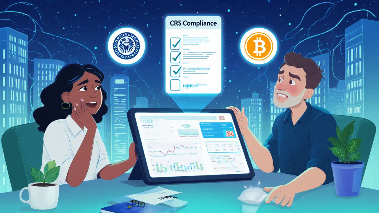 Diverse people review real-time financial data on a tablet with compliance logos floating above.