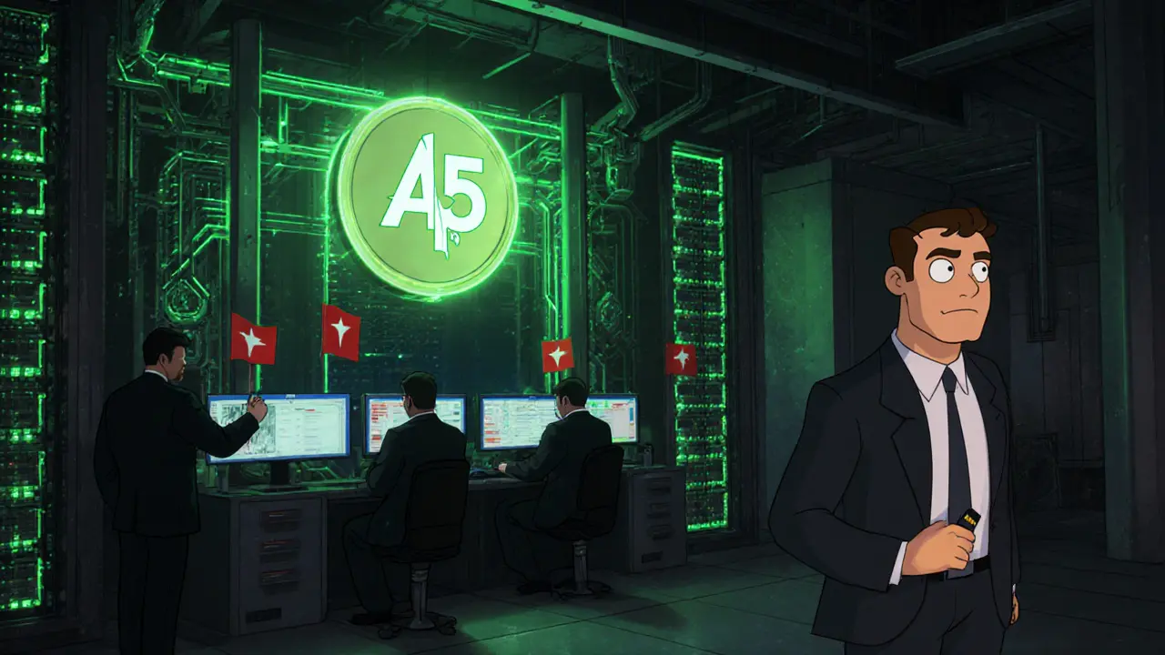 Government inspectors monitor crypto mining servers while a worker secretly takes a USB drive.