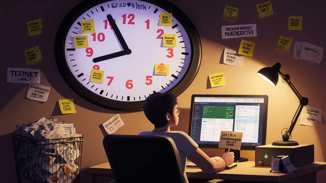 A developer’s workspace with a countdown to rebranding, surrounded by warning notes and a robot helping fix the confusion.