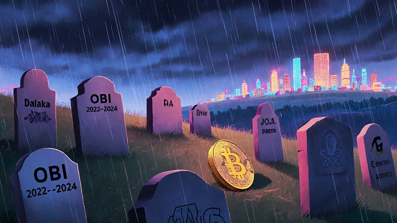 A graveyard of failed crypto coins with one tombstone for OBI, while other AI projects thrive in the distance.