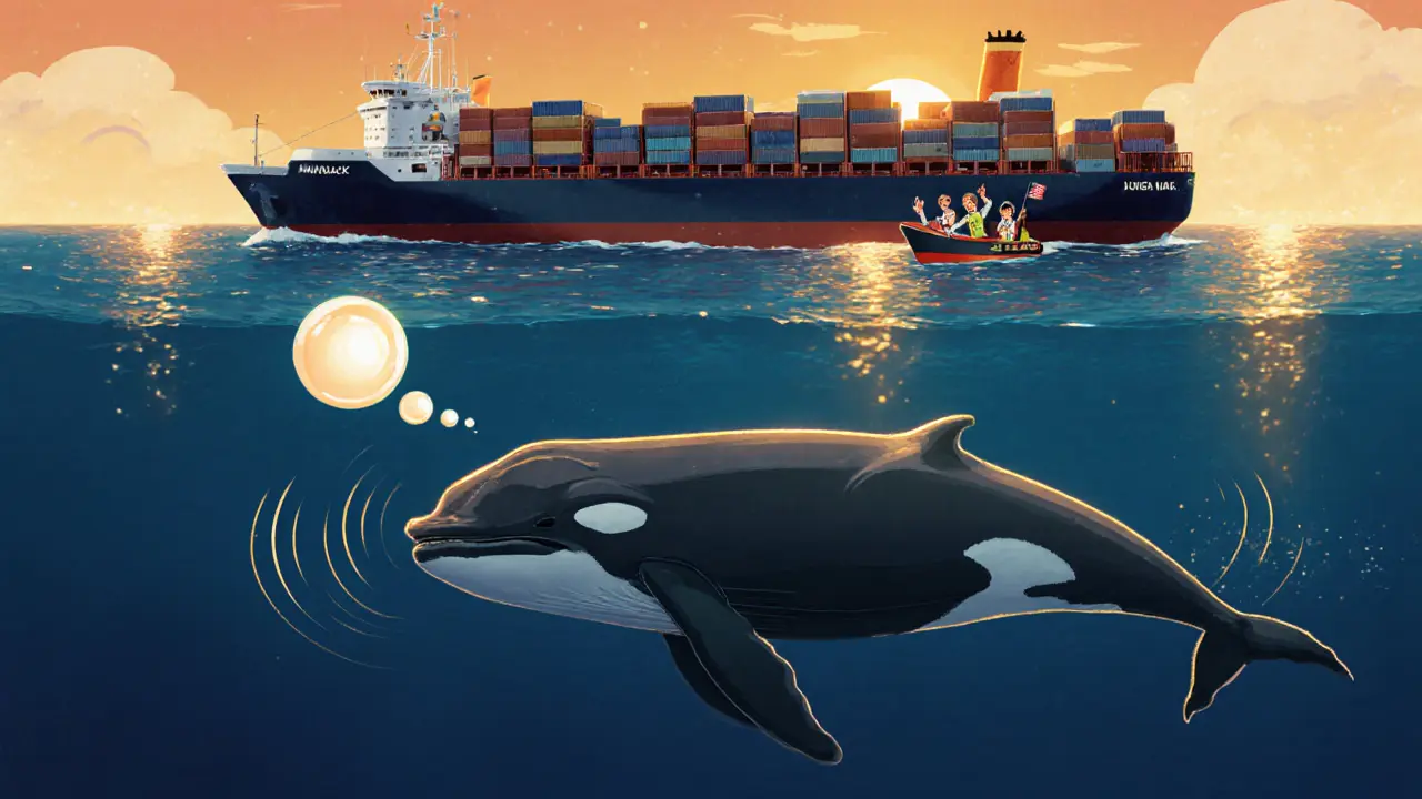 A humpback whale swims below a ship receiving a real-time alert, guiding it to avoid collision in calm ocean waters.