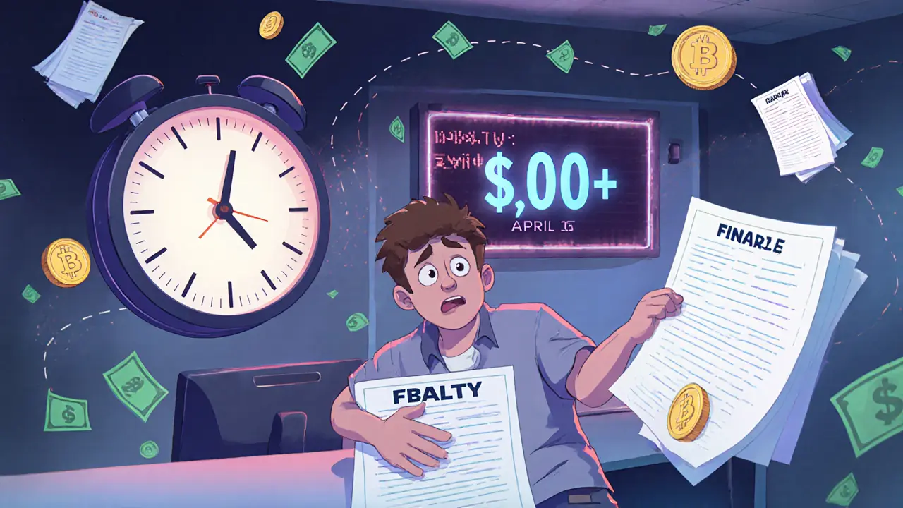 A man submitting an FBAR form in a futuristic tax office as a penalty warning glows behind him.