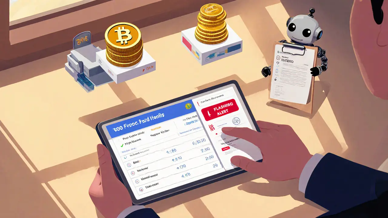 A person viewing a crypto portfolio on a tablet, with one account showing a red alert for hybrid crypto-fiat holdings.