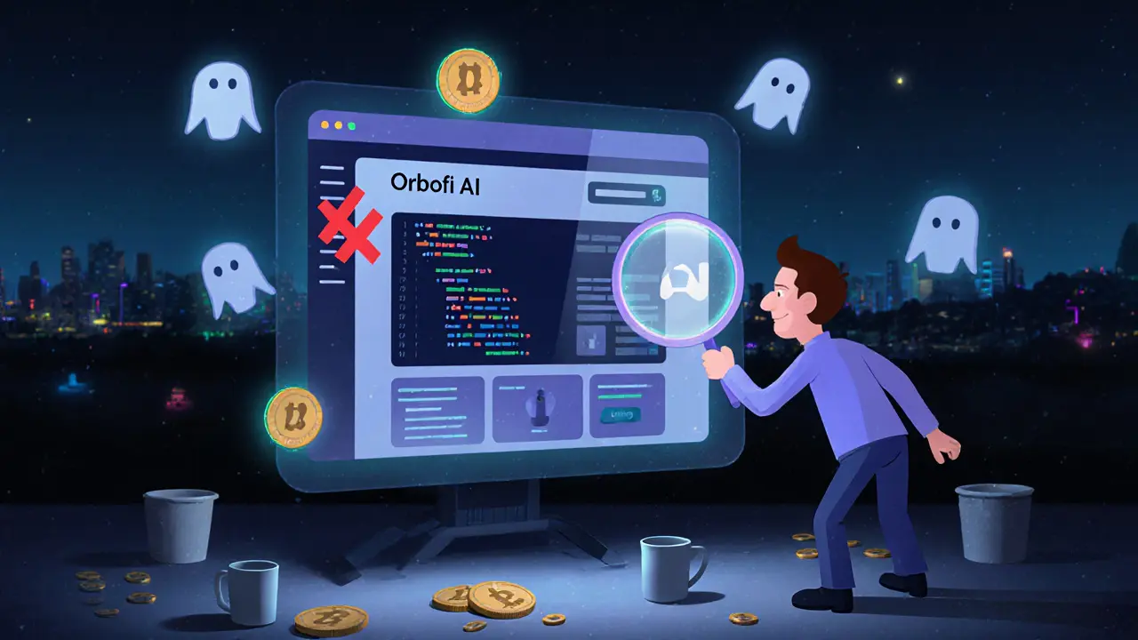 An investor examining a broken Orbofi AI hologram surrounded by silent crypto icons and a NaN symbol.
