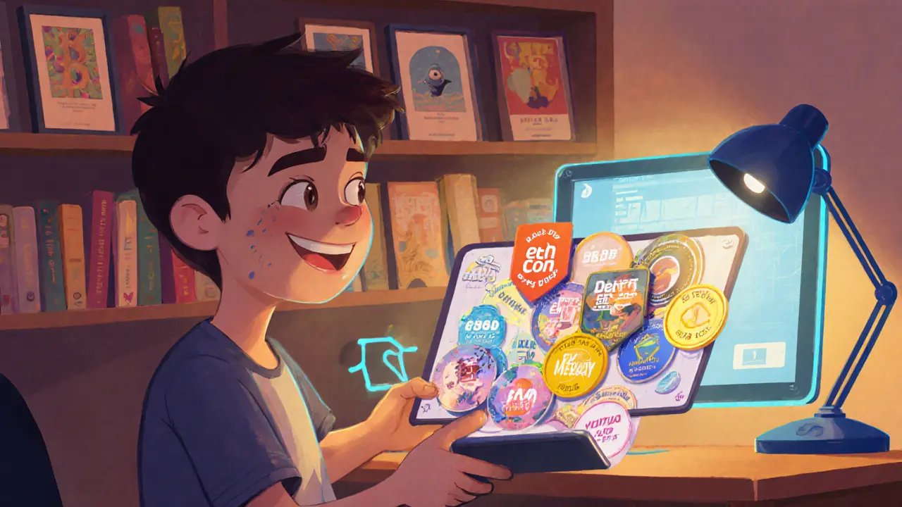 Developer viewing a collection of digital event badges on a tablet