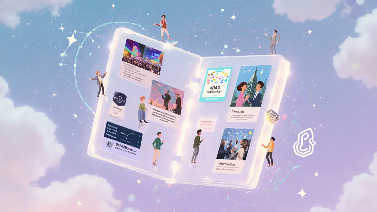 Floating digital scrapbook with animated POAP badges from real events