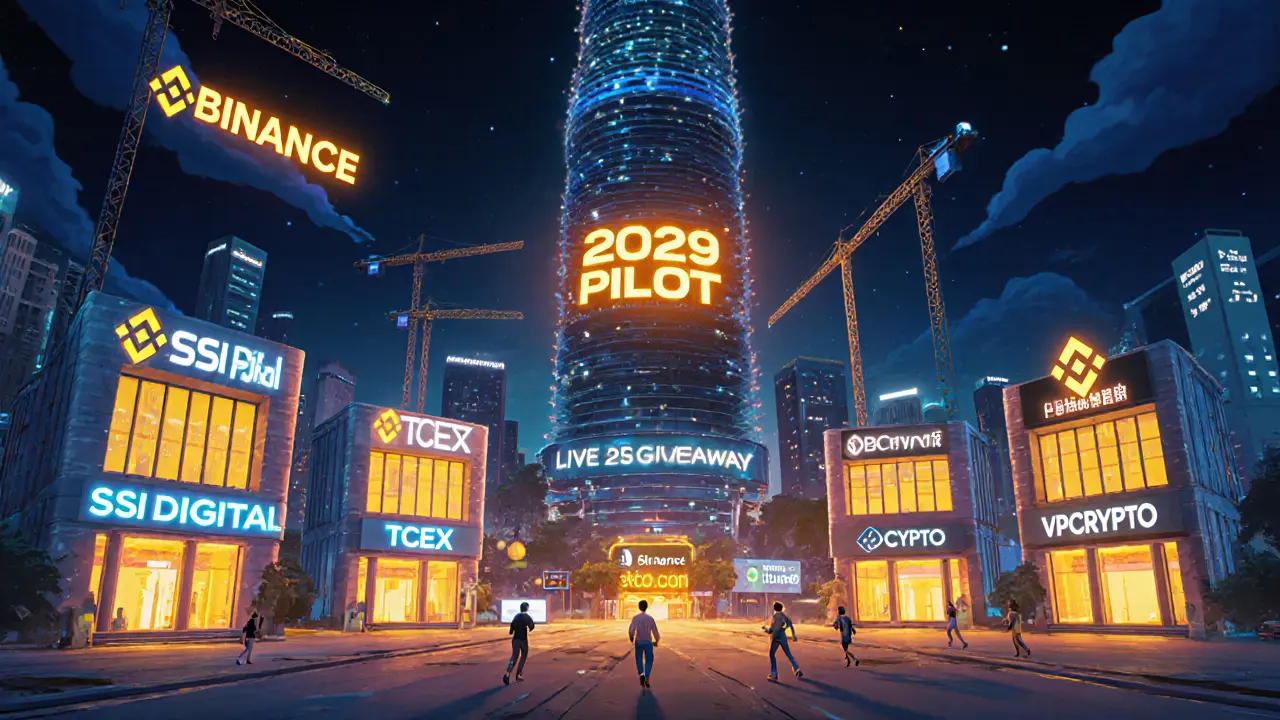 Future Vietnamese crypto exchanges under construction with Binance dominating the skyline.