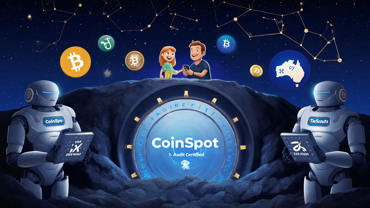 Secure underground vault with audit shields and family checking crypto taxes under starry sky.