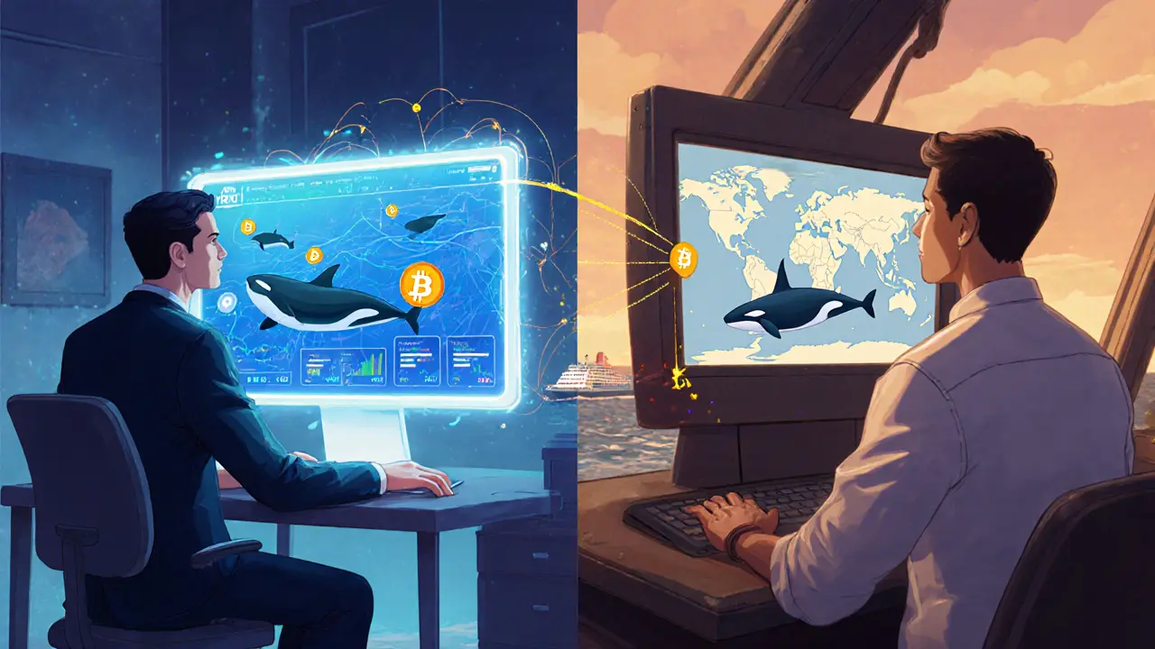 Side-by-side scenes: a trader watches crypto whale alerts while a conservationist monitors real whale movements.