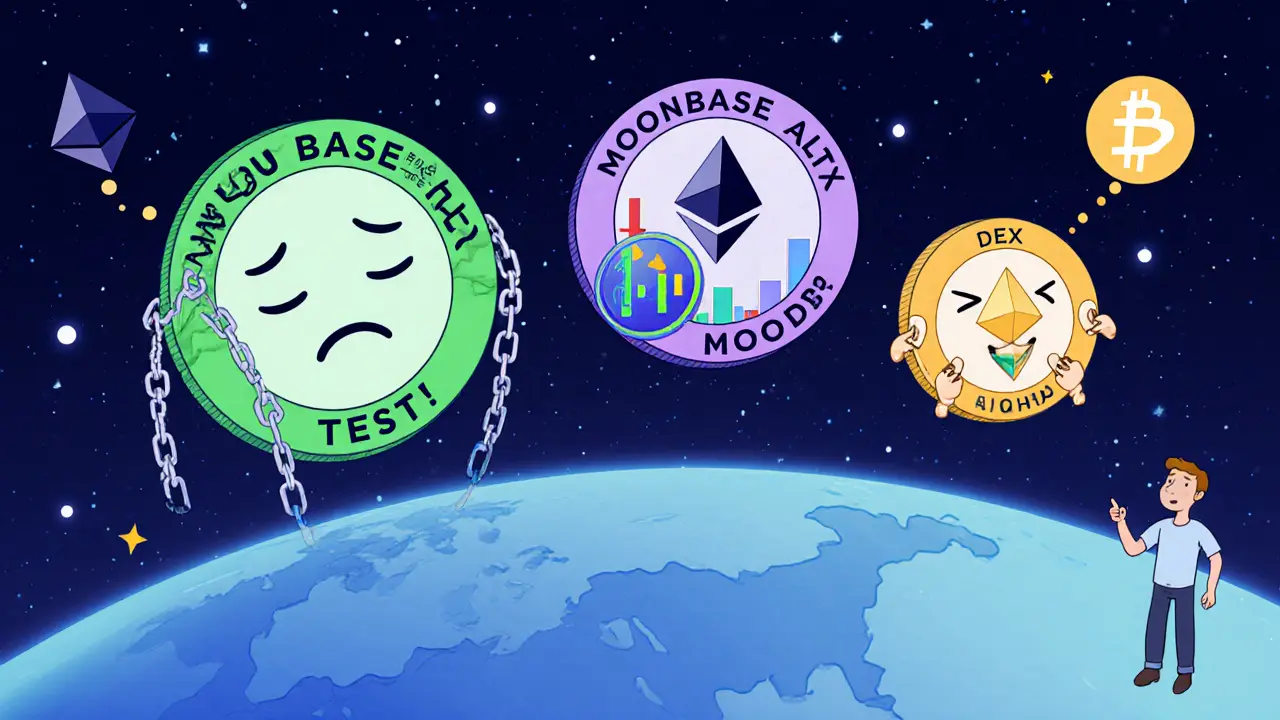 Three cartoon tokens with faces represent confusing crypto projects: testnet, real DEX, and unrelated token.