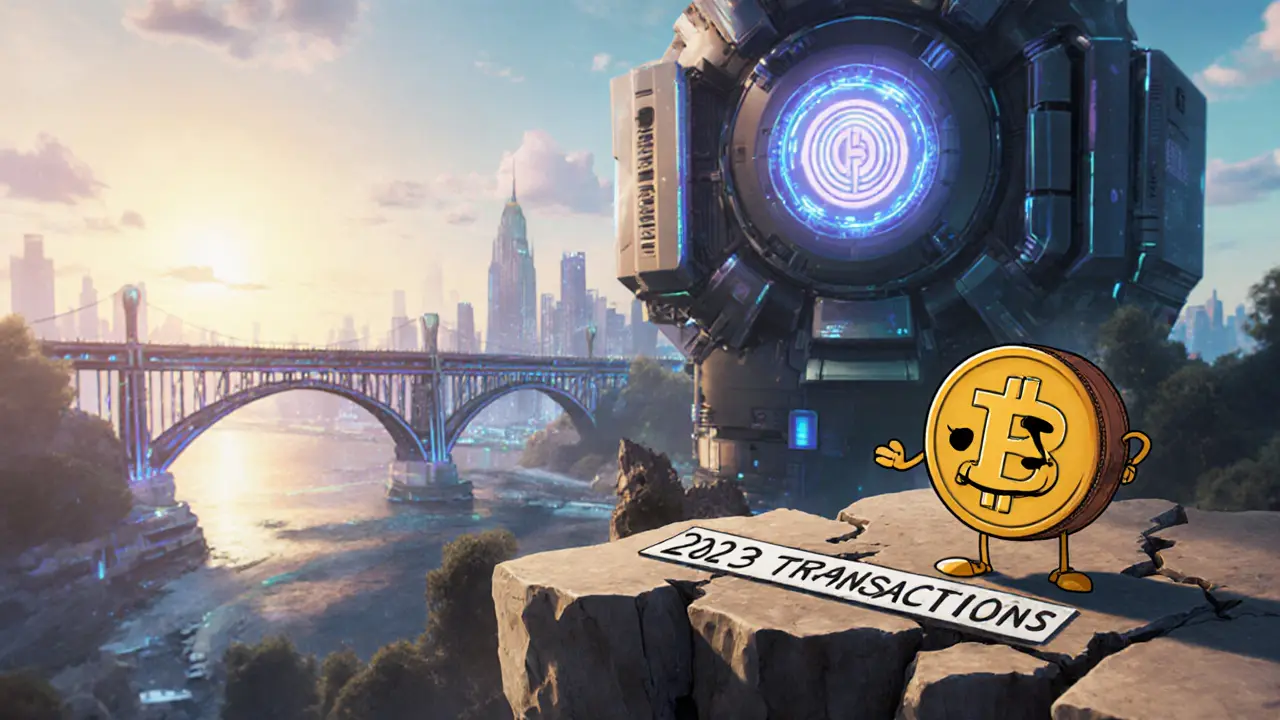 A Bitcoin wallet stands on a crumbling ledge as a quantum machine approaches, with a bridge to safety behind.