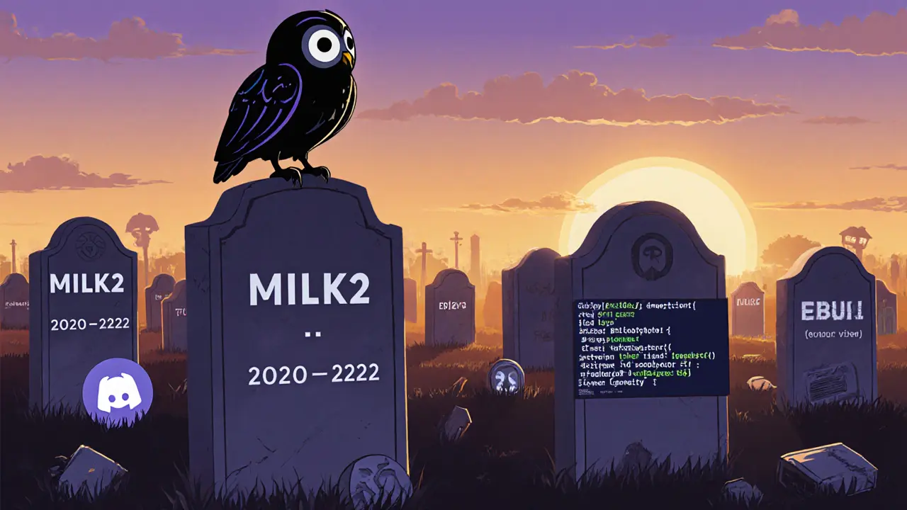 A digital graveyard with tombstones for dead crypto tokens, including MILK2, under a fading sunset.