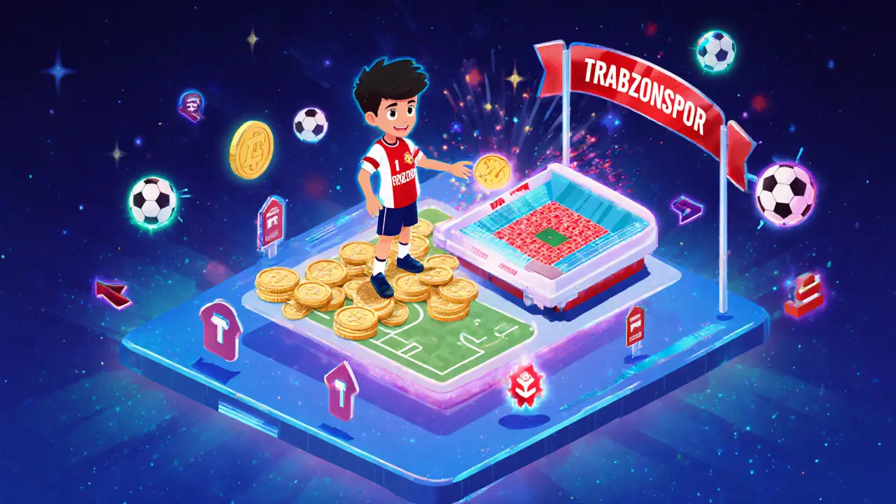 A fan swapping CHZ coins into TRA tokens that transform into a miniature stadium.