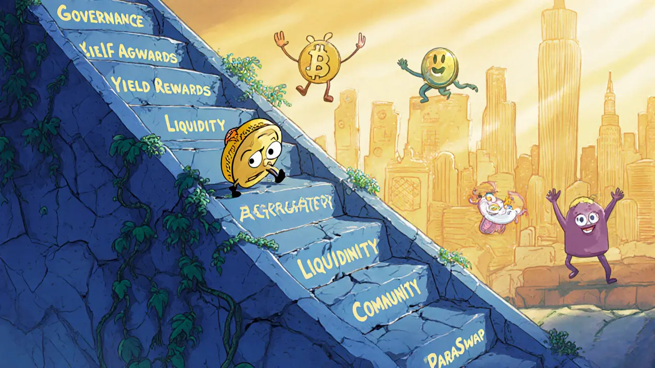 A small MILK2 token struggles to climb a broken staircase labeled with failed DeFi promises.