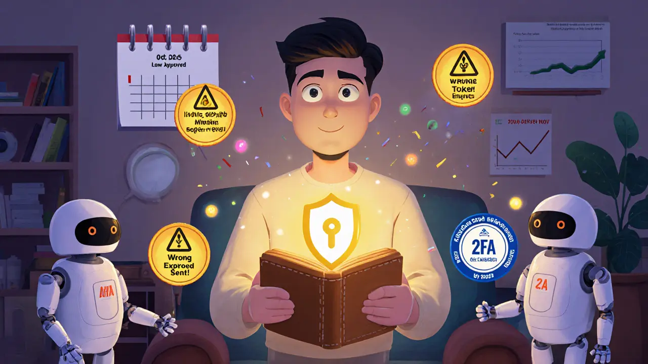 Creator protected by robot assistants from crypto mistakes, with legal and safety badges floating nearby.