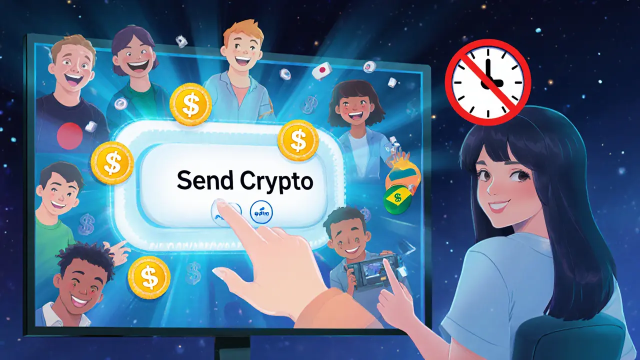 Twitch streamer with a glowing crypto payment button, fans from different countries clicking to send USDC coins.