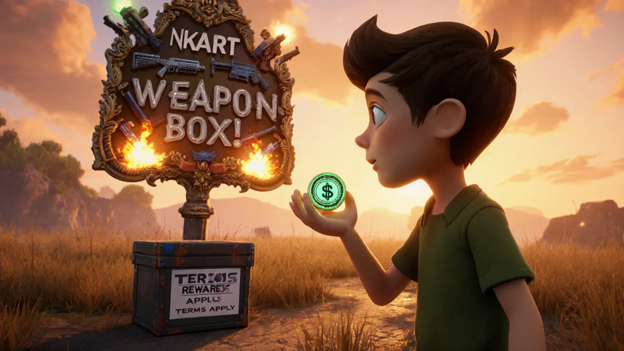 A confused player holding a token while staring at an empty, misleading &#039;NFT Weapon Box&#039; sign.