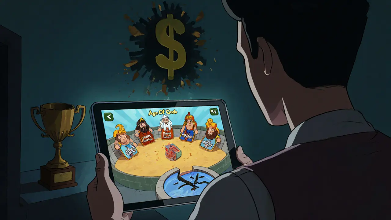 A player watching idle gods fight on a tablet as golden tokens fade to dust in a dim room.