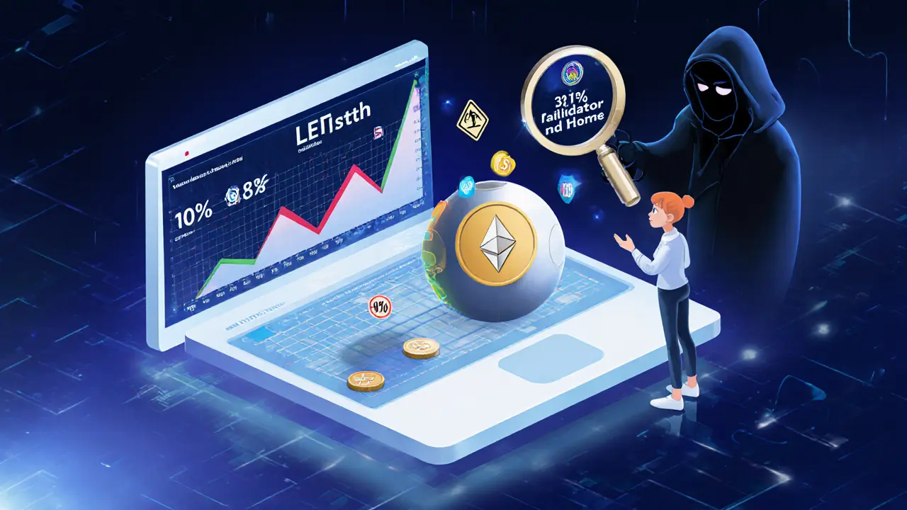 A robot guides a person through a hologram of growing stETH, with fee warnings and validator share shadows in the background.