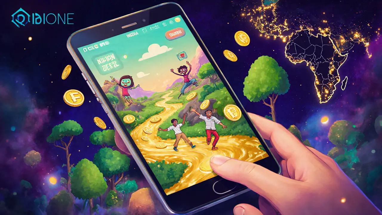 A smartphone screen showing a magical world of FONE tokens, NFTs, and carbon offset trees, with global user locations glowing softly.