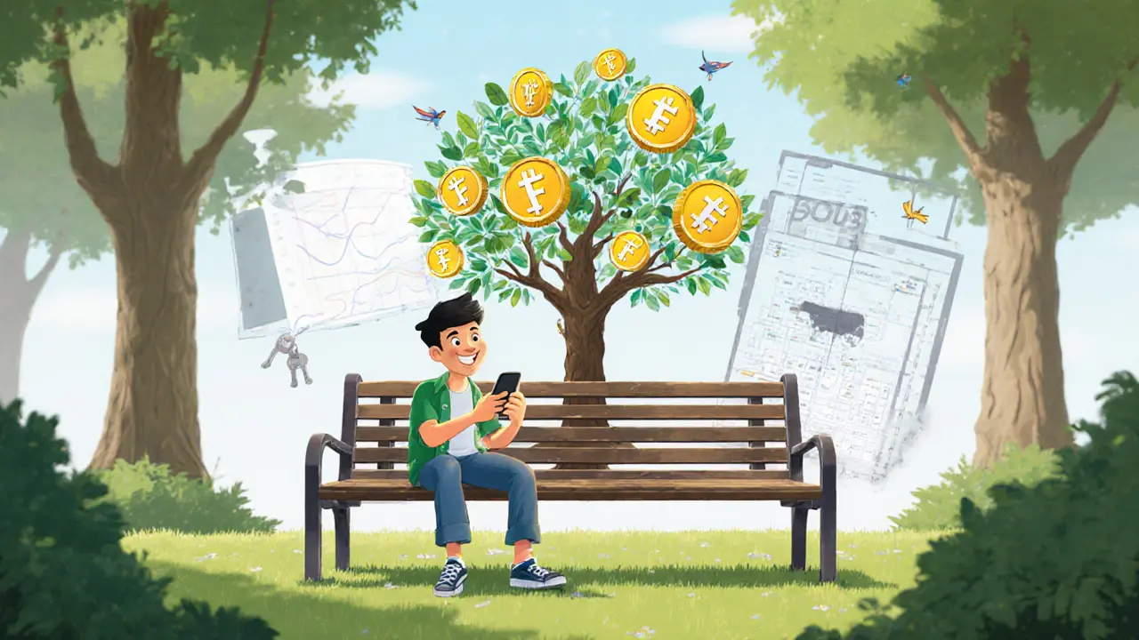 A user watching FONE tokens form a tree of coins and leaves, while a traditional crypto wallet fades away in the background.