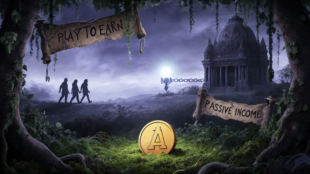 An abandoned game temple with a single AOG token buried in moss, ghostly players walking away.