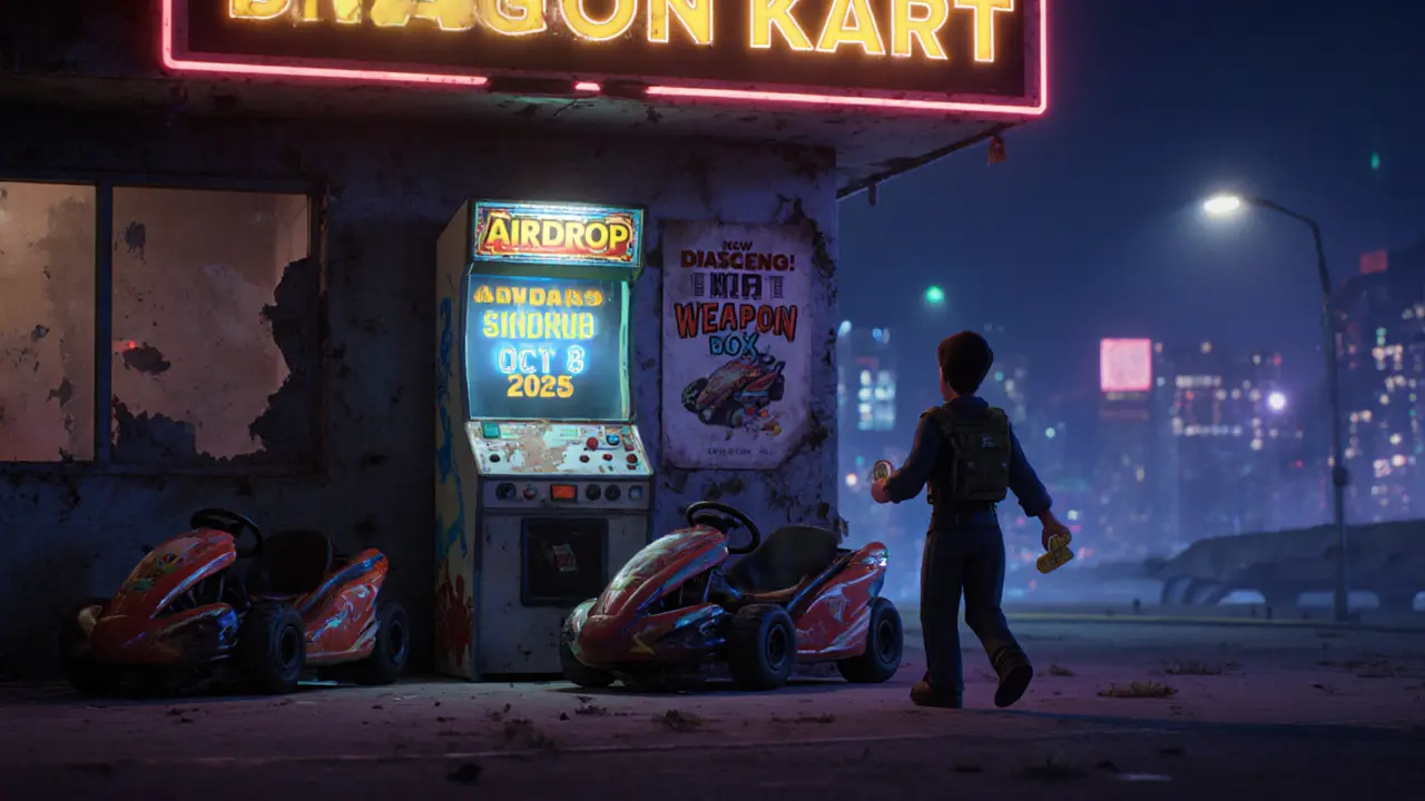 An abandoned gaming center at night with a faded airdrop poster and a lone figure walking away.