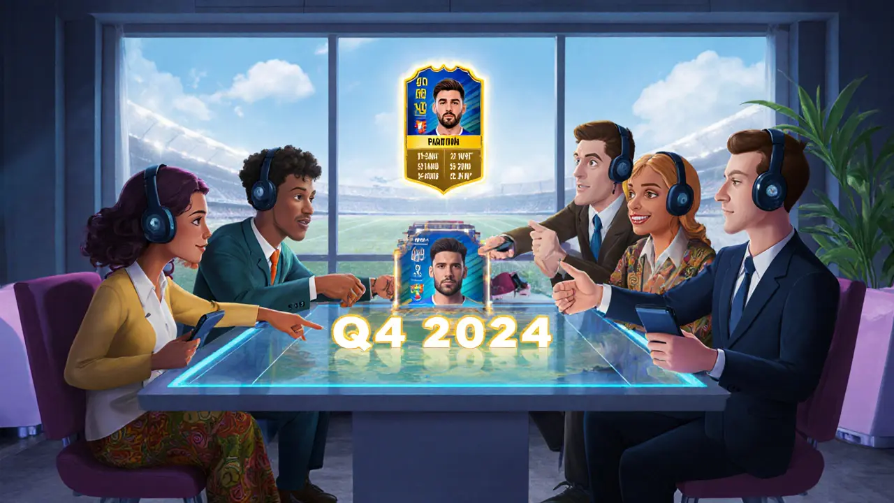 Diverse managers study holographic player stats around a table, with a La Liga NFT glowing and a mobile app icon in the sky.