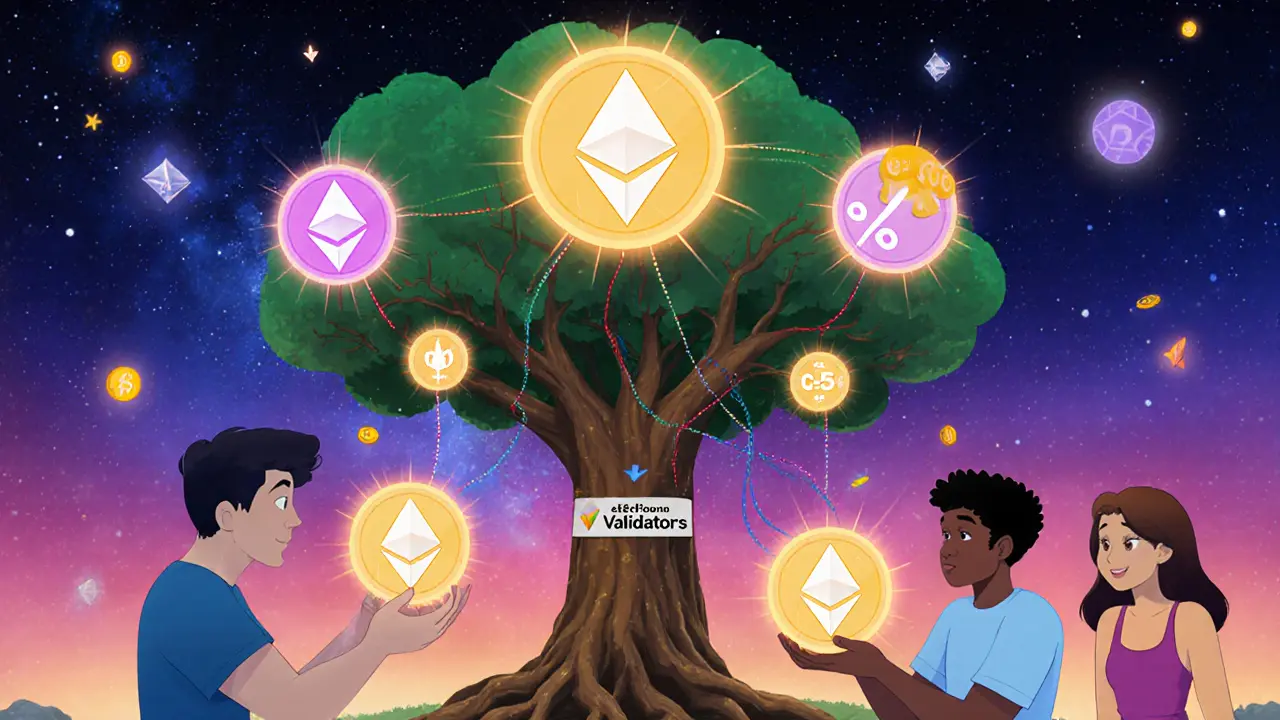 Three types of LSD tokens float connected to an Ethereum tree, with users and yield icons in a vibrant digital landscape.