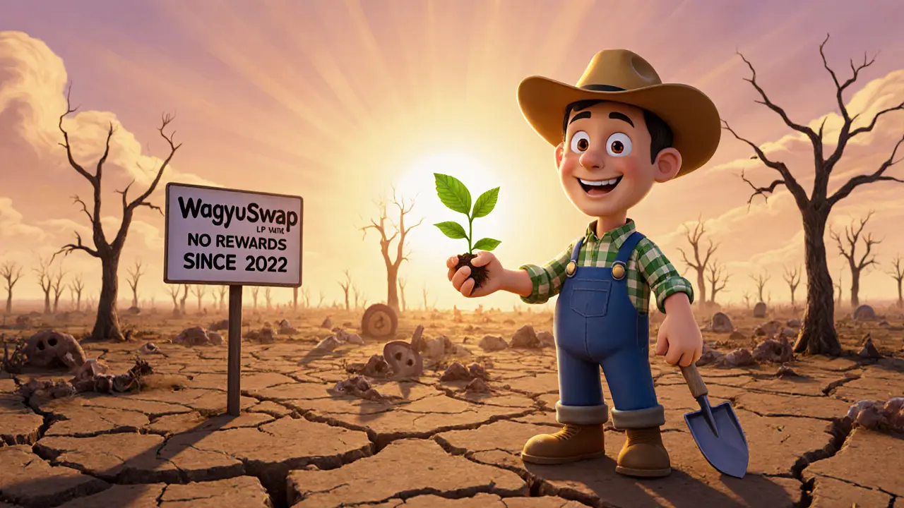 A cartoon farmer holding a small WAG seedling in a barren farm with dead token trees behind.