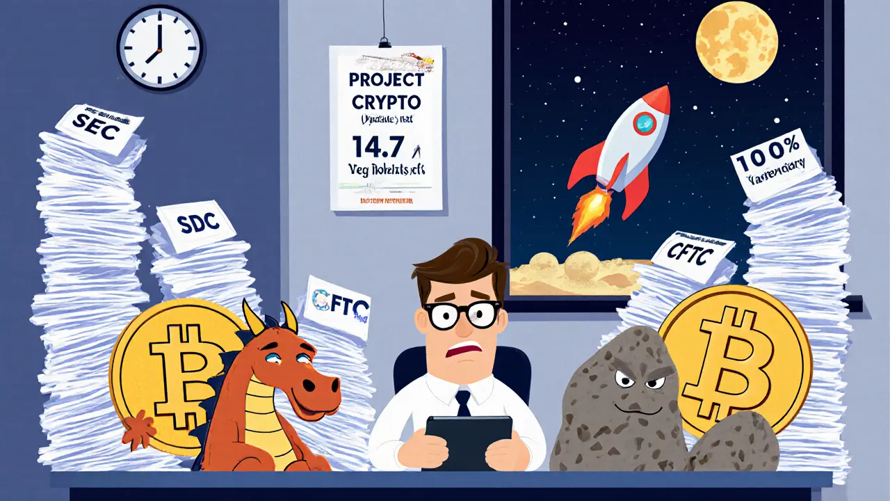 A cartoon office with crypto tokens and paperwork under multiple U.S. regulators in Pixar style